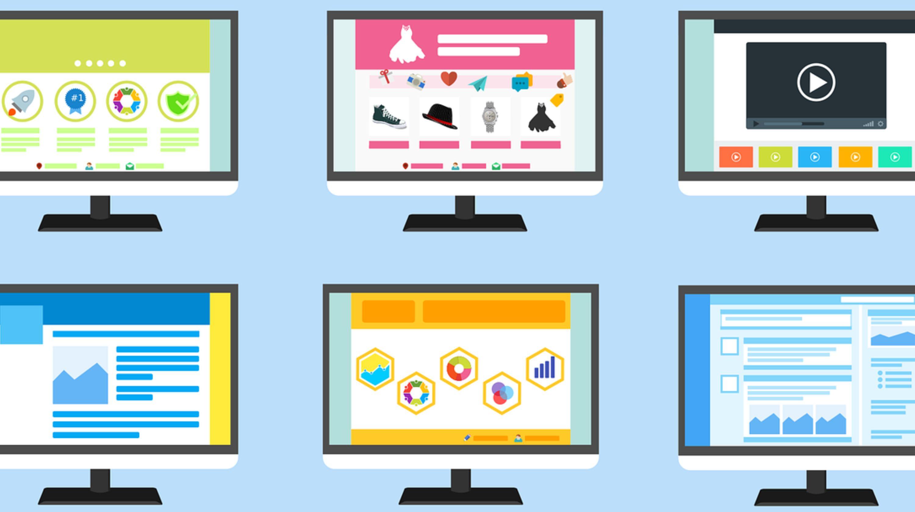 Titelmotiv des Artikels zum Thema: Domain-registrierung abgeschlossen – und jetzt? So nutzt du deine neue Webadresse optimal! Sechs Bildschirme mit verschiedenen Websites.