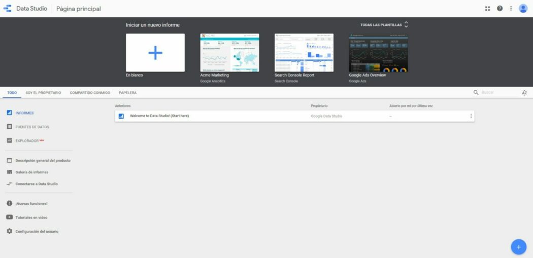 Imagen de la página principal de Google Data Studio