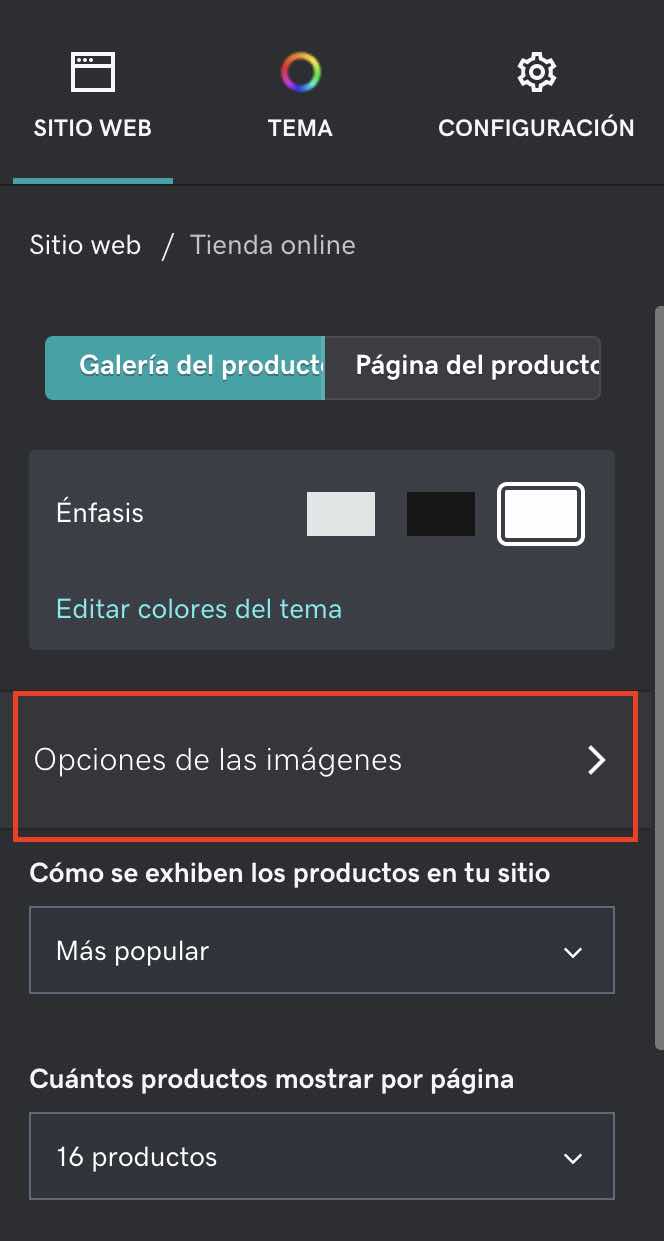 Opciones de imágenes en galería de fotos