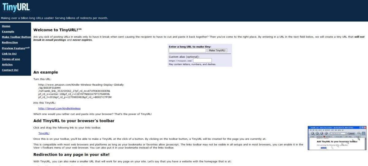 Imagen de la portada de la página web TinyURL, otro acortador de URL con reconocimiento en Internet.