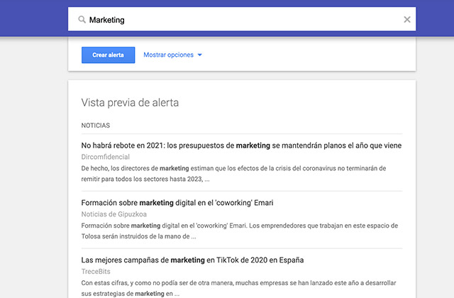 Vista previa de las alertas de Google