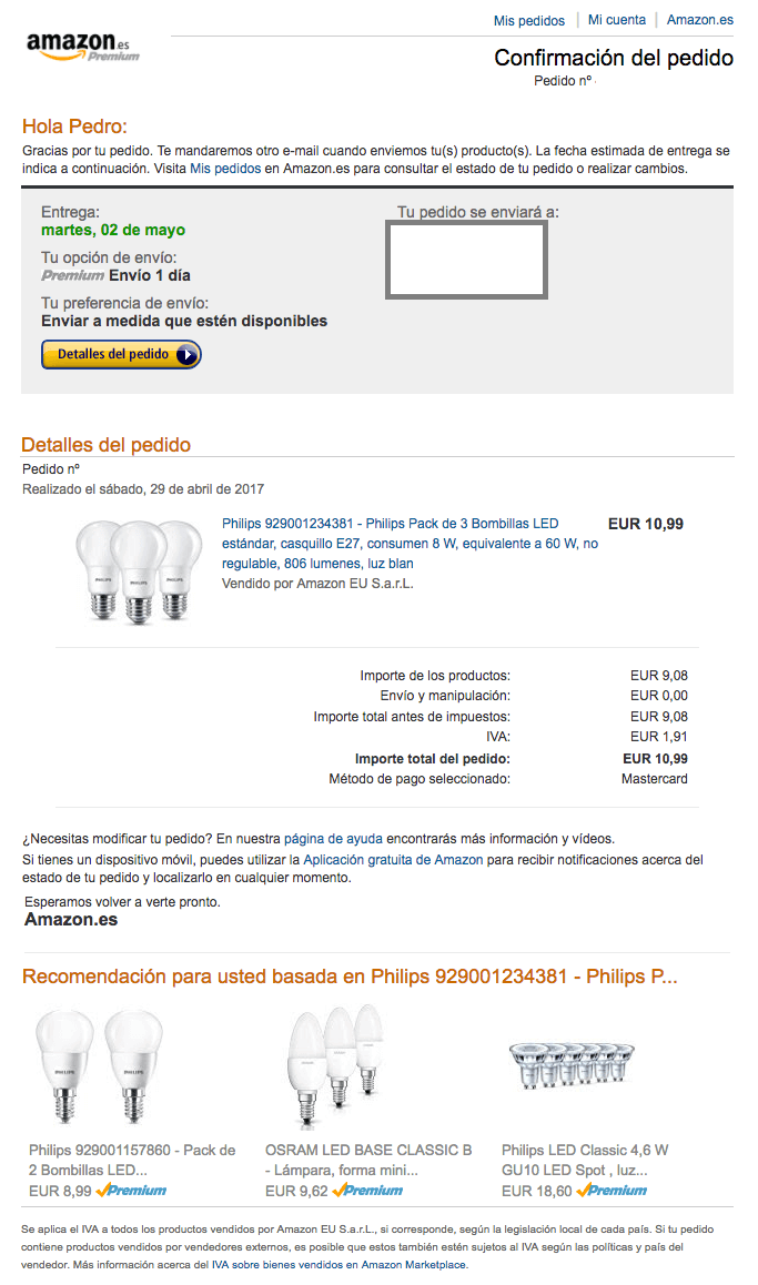 Confirmación de pedido producto adicional