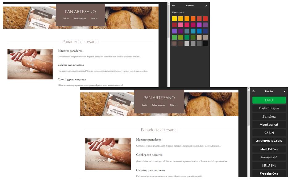 Pantalla cambiar fuentes y colores en el Creador de sitios web