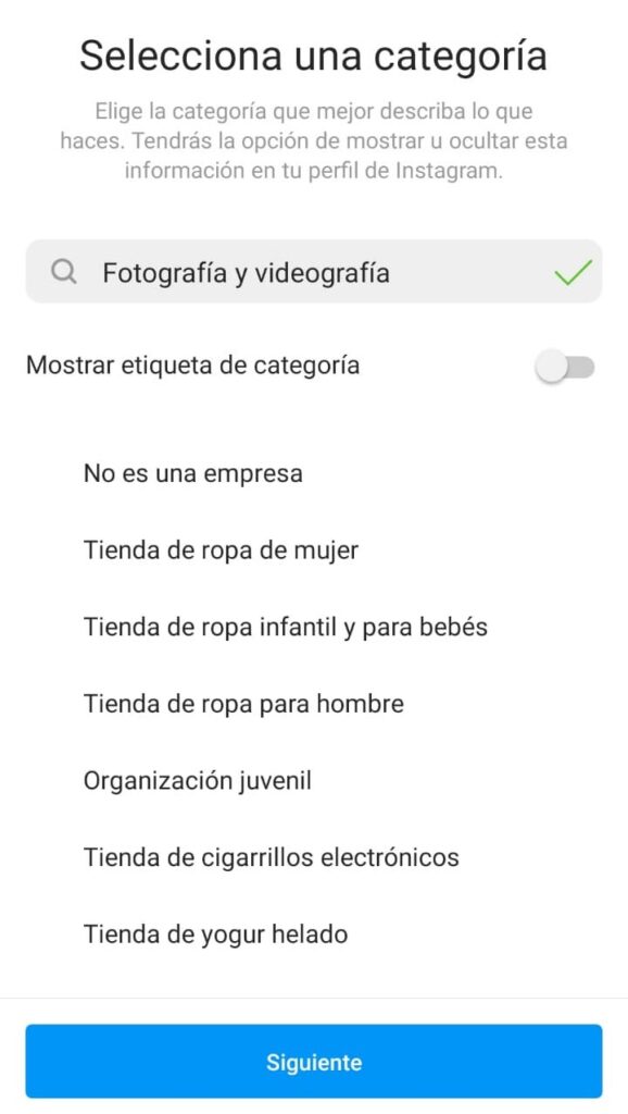 Seleccionar tu categoría de empresa