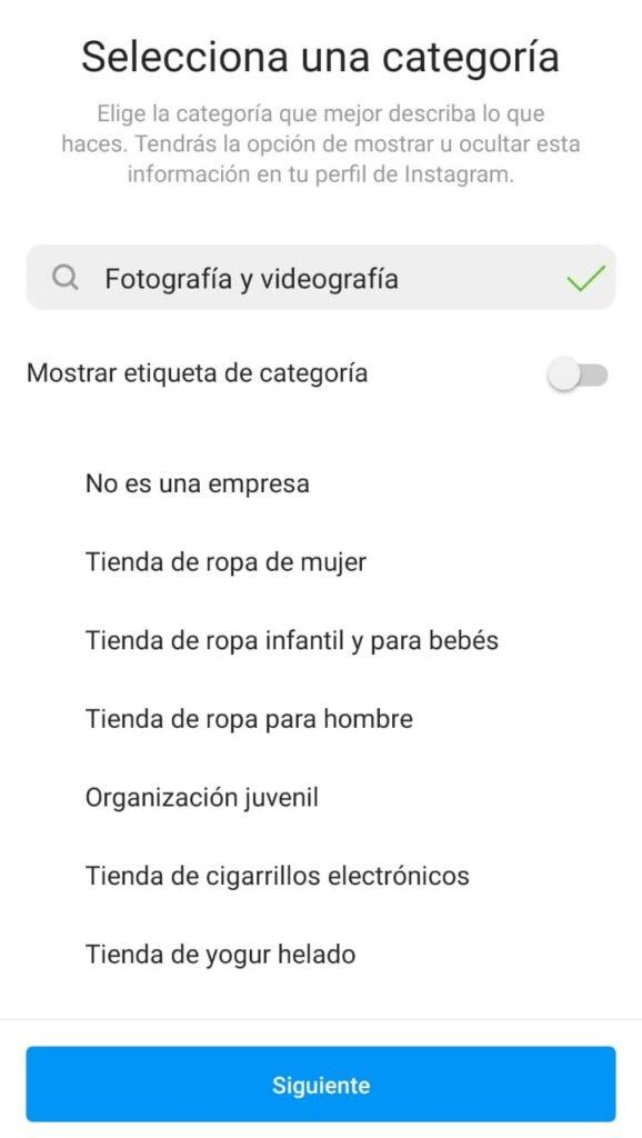 Seleccionar tu categoría de empresa