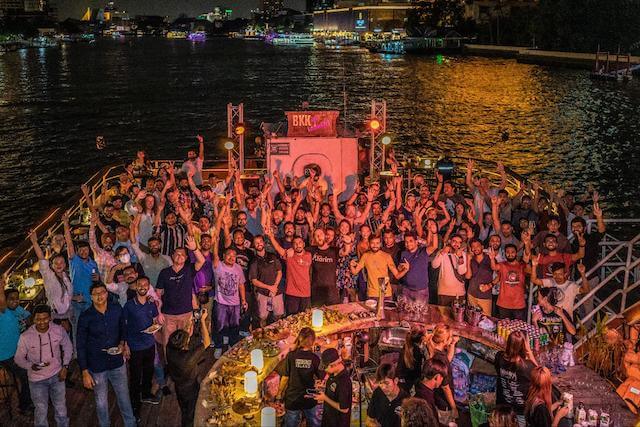 Aerial shot of GoDaddy party goers on boat