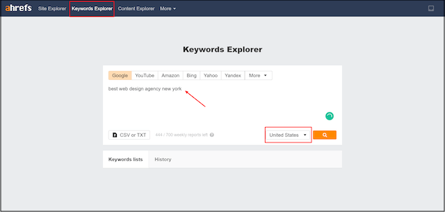 Ahrefs keywords explorer New York screen