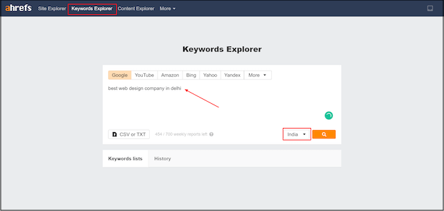 Ahrefs keywords explorer Delhi screen