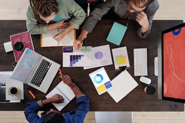 Birds eye view of business professionals in a conference setting