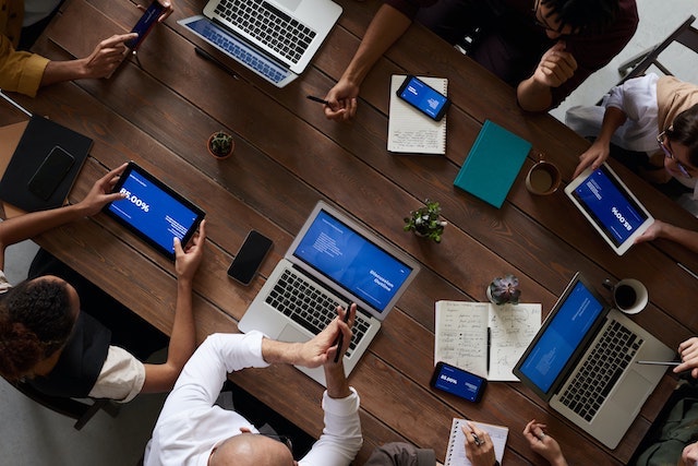 Birds-eye view of people in a business meeting