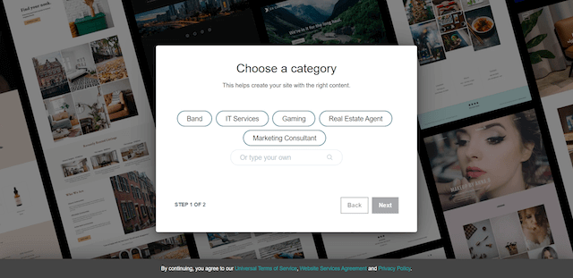 Choose a category screen