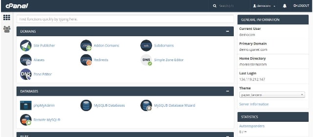 Example cPanel dashboard