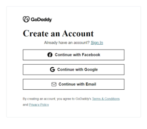 GoDaddy create an account screen