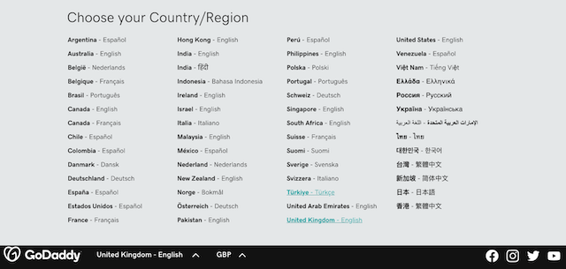 GoDaddy website country drop-down