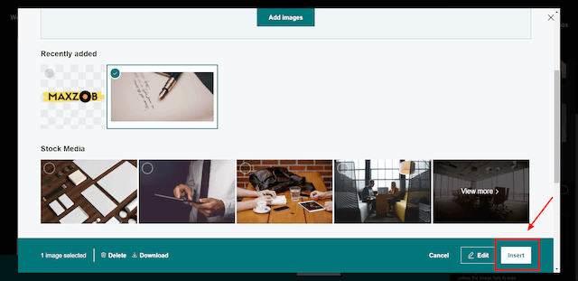 Screen showing how to add image