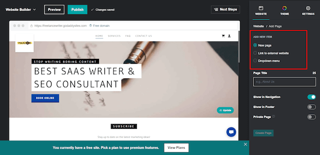 Screen showing how to create a new page