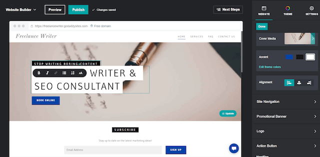 Screen showing updated design of personal website