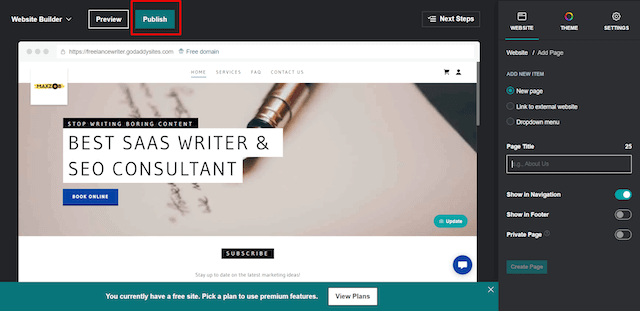 Screen with button for publishing the personal website