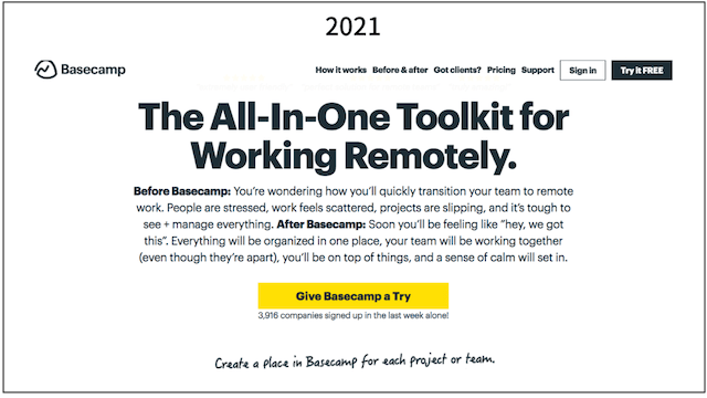 Screenshot of Basecamp header from 2021