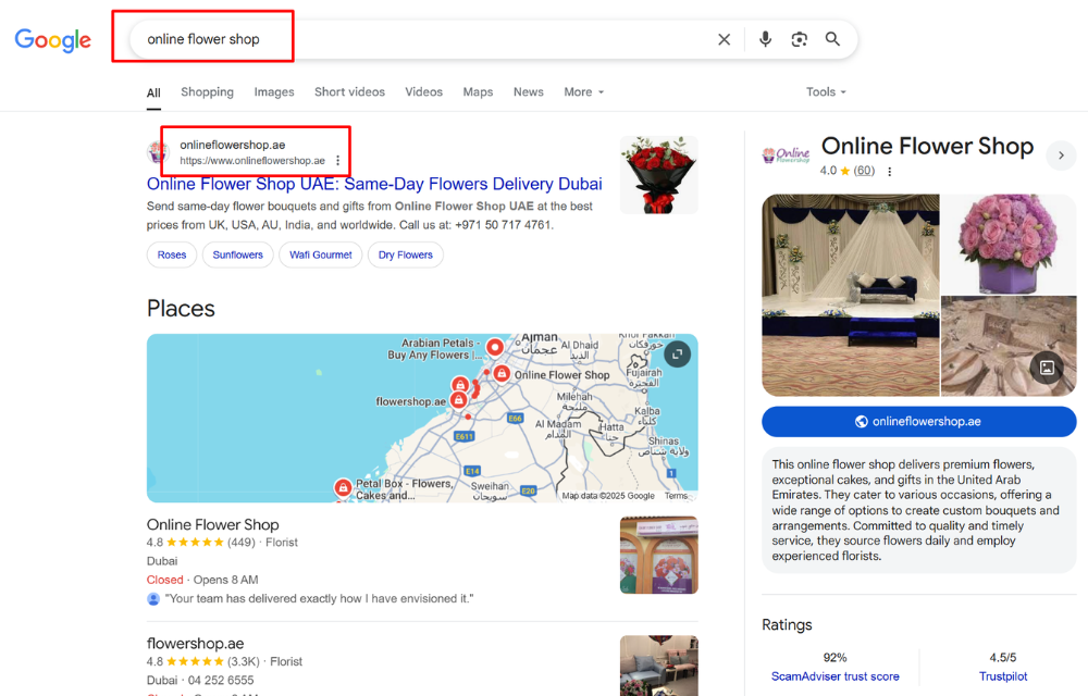 onlineflowershop.ae ranking top for the keyword “online flower shop”