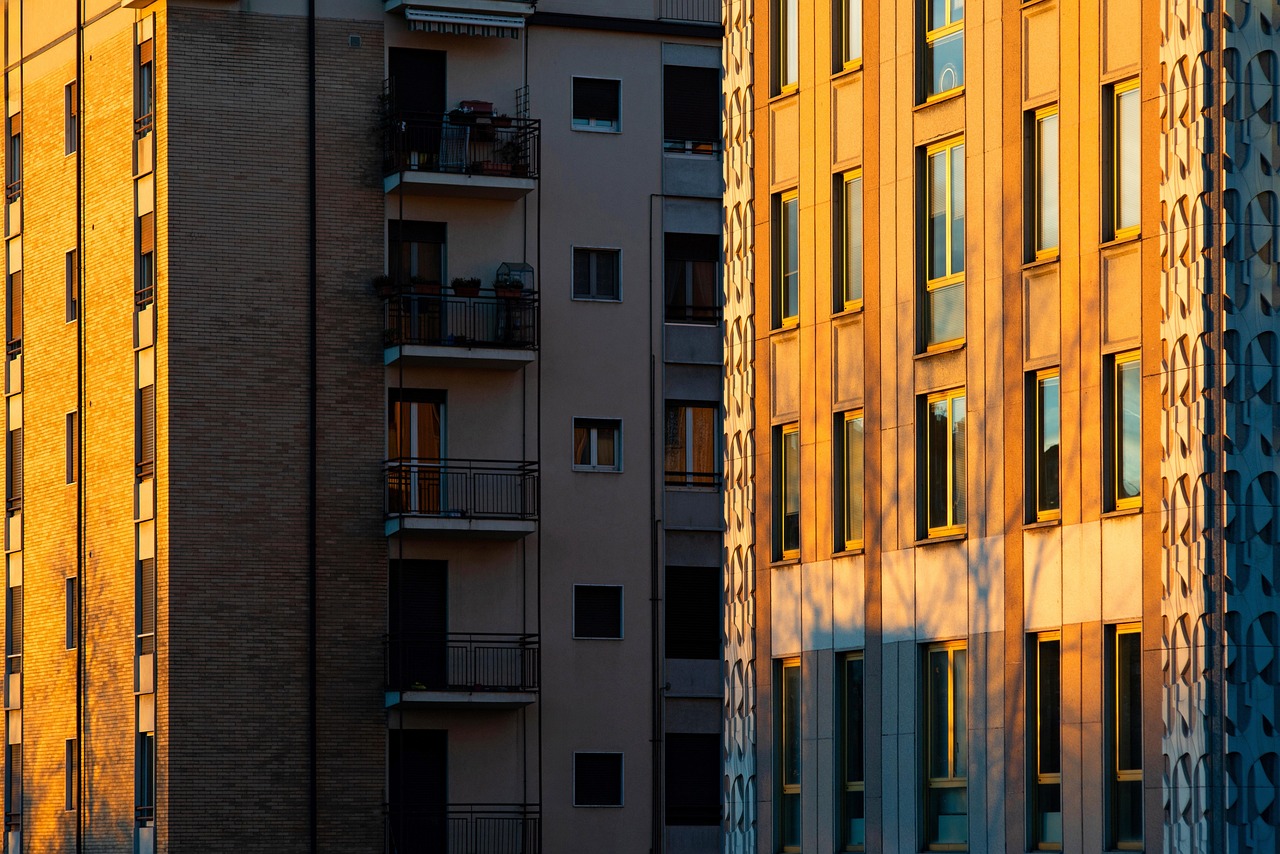 Close-up of modern residential and commercial buildings.