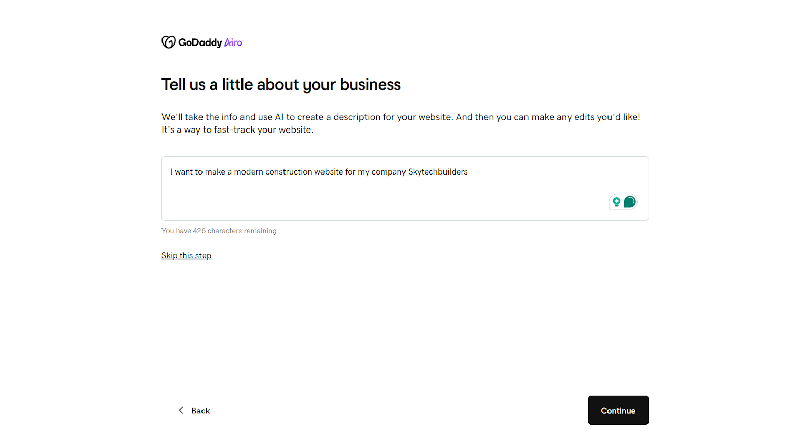 Creating a website using AI-powered GoDaddy Airo