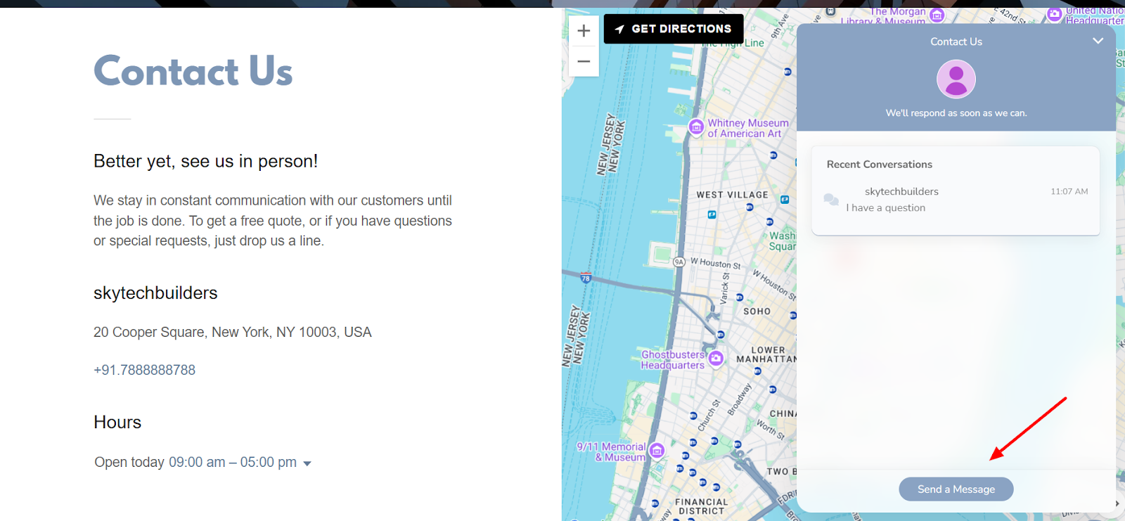 Example of a "Contact Us" page Built using GoDaddy Website Builder