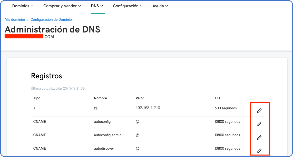 Administración DNS en cuenta GoDaddy