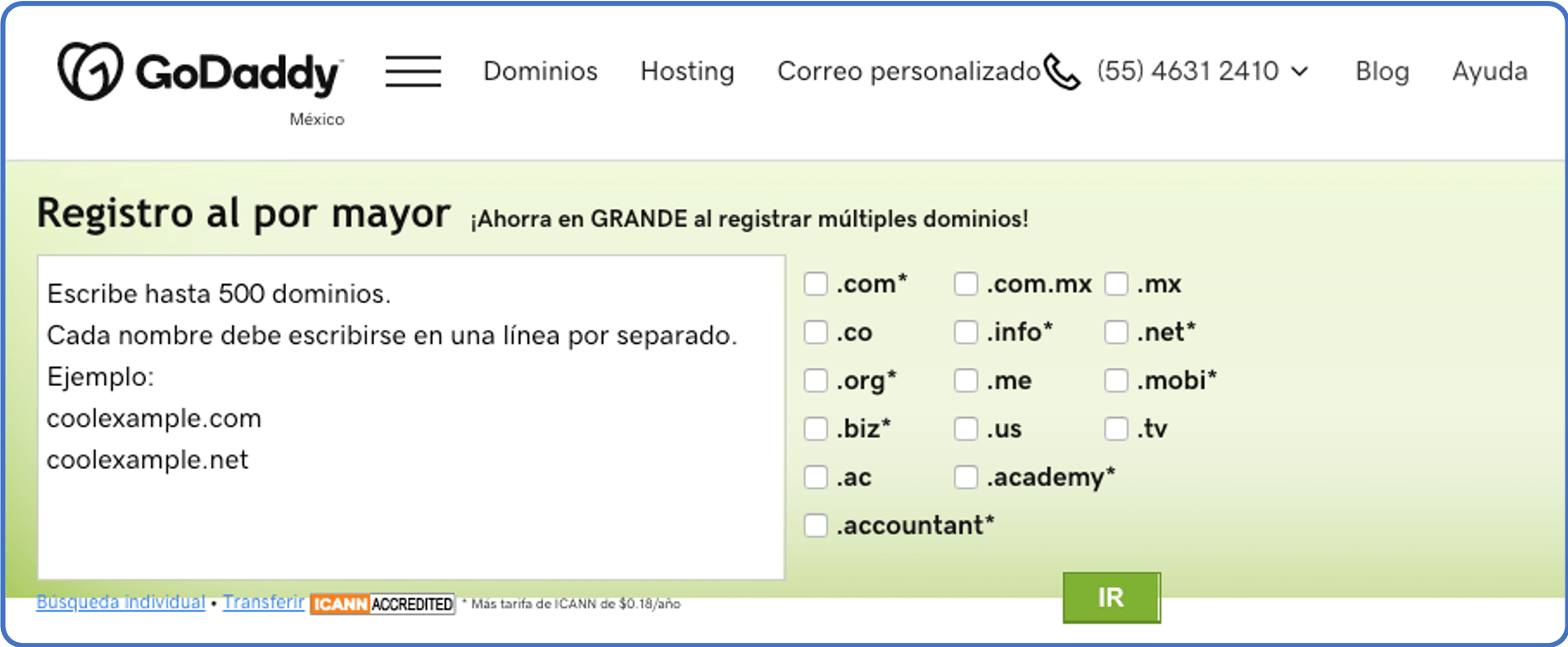 Búsqueda masiva de dominios GoDaddy