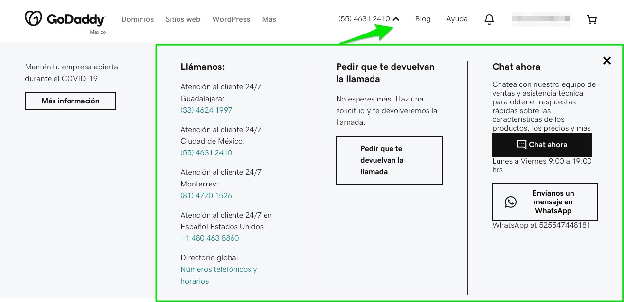 diseño web empresarial: datos de contacto en GoDaddy