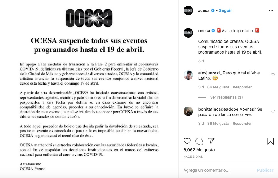 Post de Ocesa sobre COVID-19 en Instagram