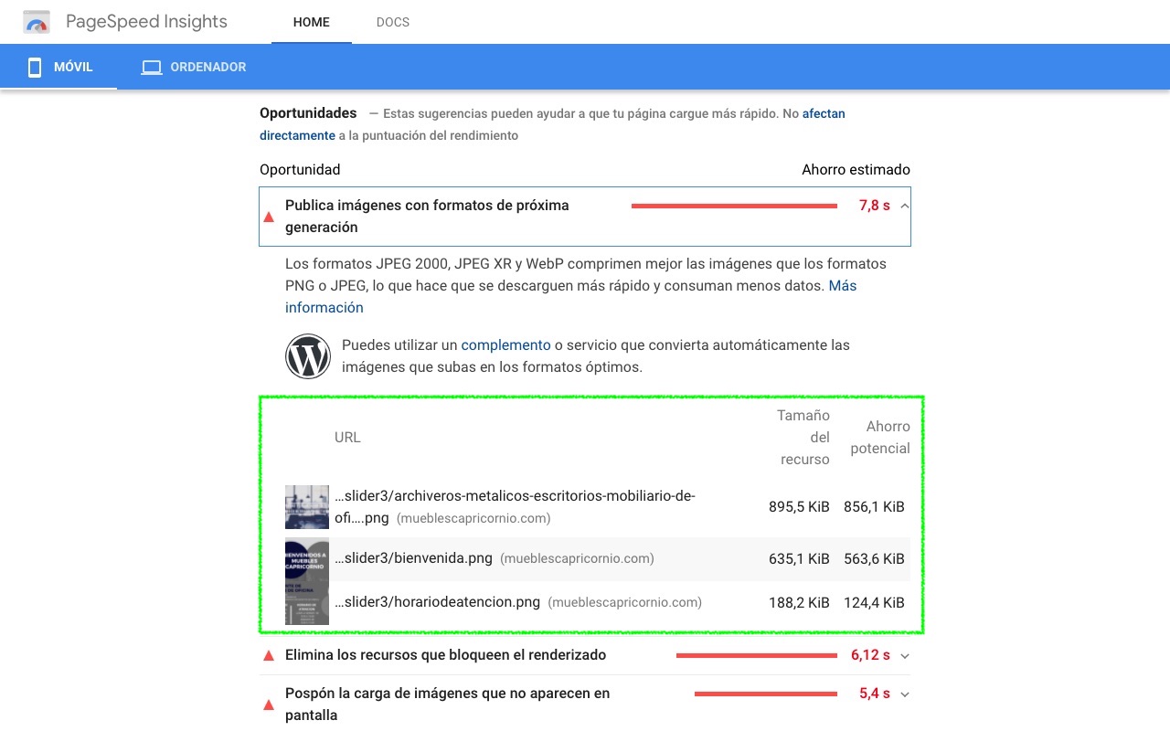 Análisis de rendimiento PageSpeed Insights