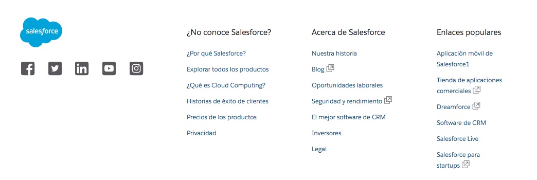 Salesforce: recursos en footer de sitio web corporativo