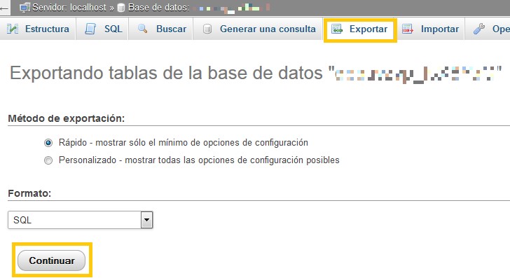 Exportar base de datos en phpMyAdmin