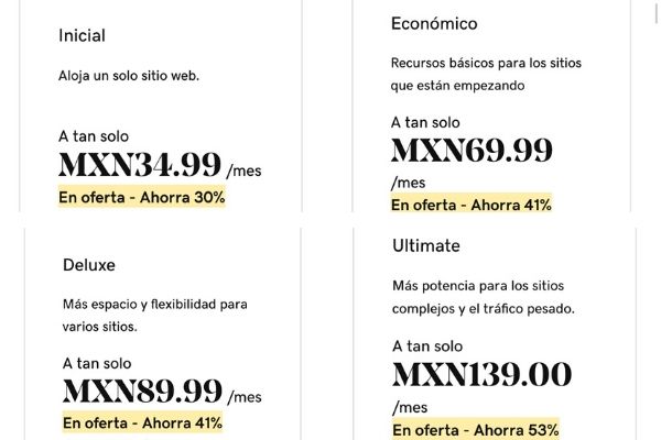 Planes de hosting compartido en México. GoDaddy