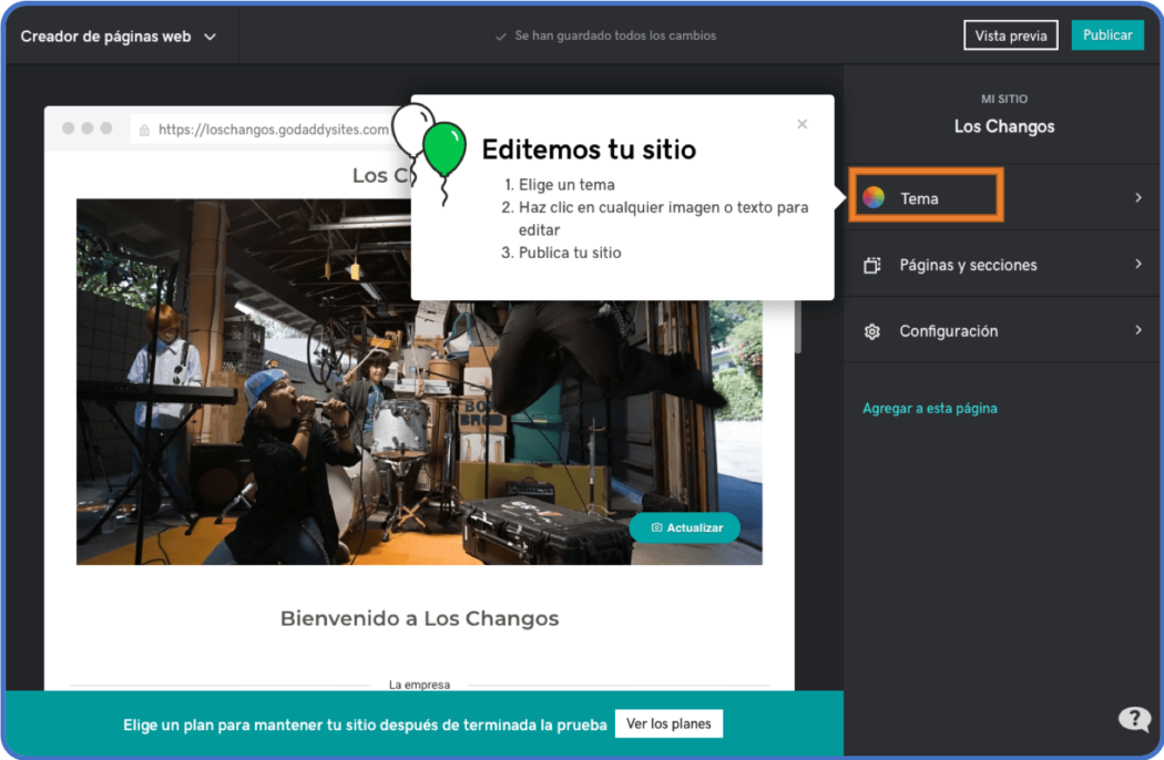 Funciones del creador de páginas web de GoDaddy