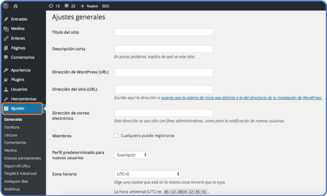 WordPress ajustes generales