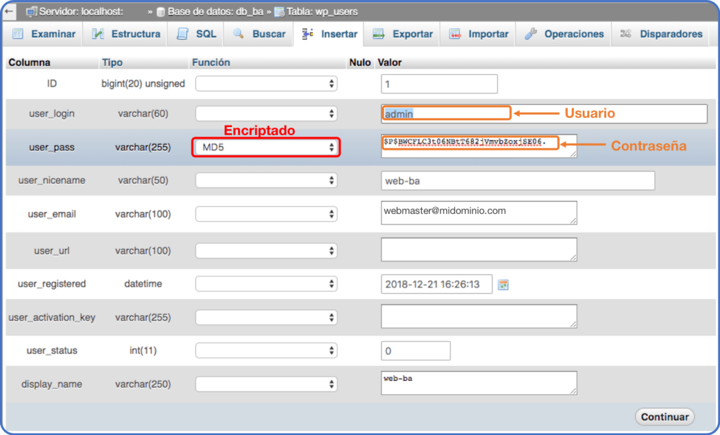 Editar el usuario de inicio de sesión en phpMyAdmin