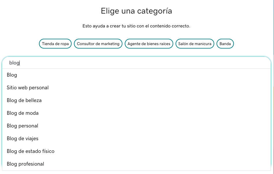 Elige tu categoría de blog en el Creador de GoDaddy.