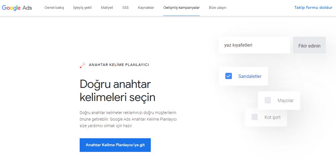 Google anahtar kelime planlayıcı başlangıç sayfası