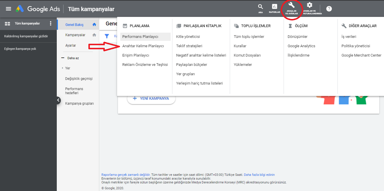 Google anahtar kelime planlayıcı menüsü