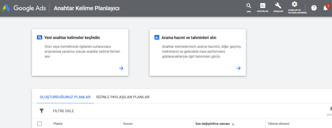 Google anahtar kelime planlayıcı seçenekleri