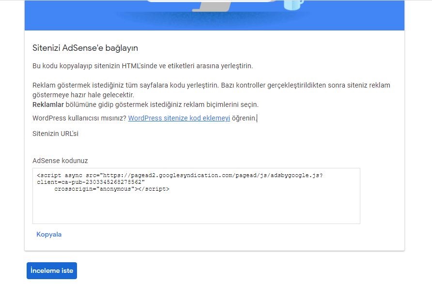 WordPress AdSense kodu ekleme kod alma ekranı