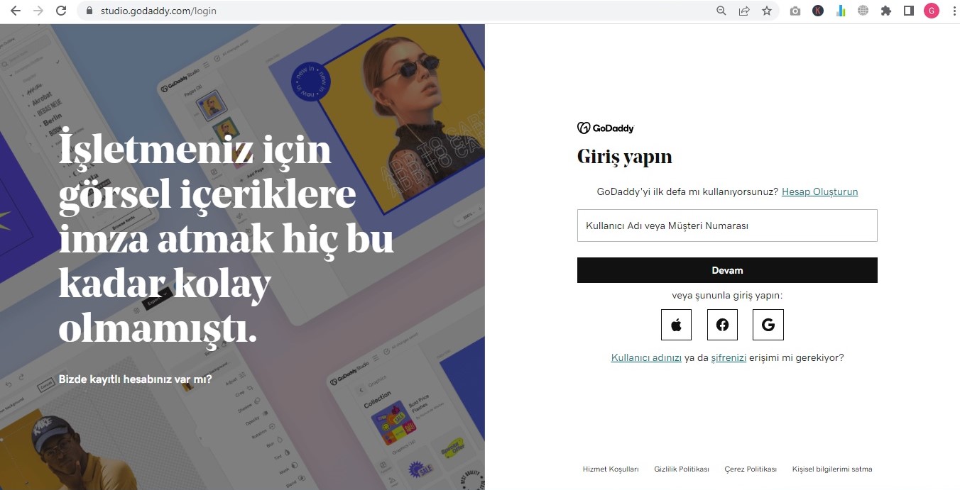 instagram bio’ya link ekleme godaddy studio giriş ekranı