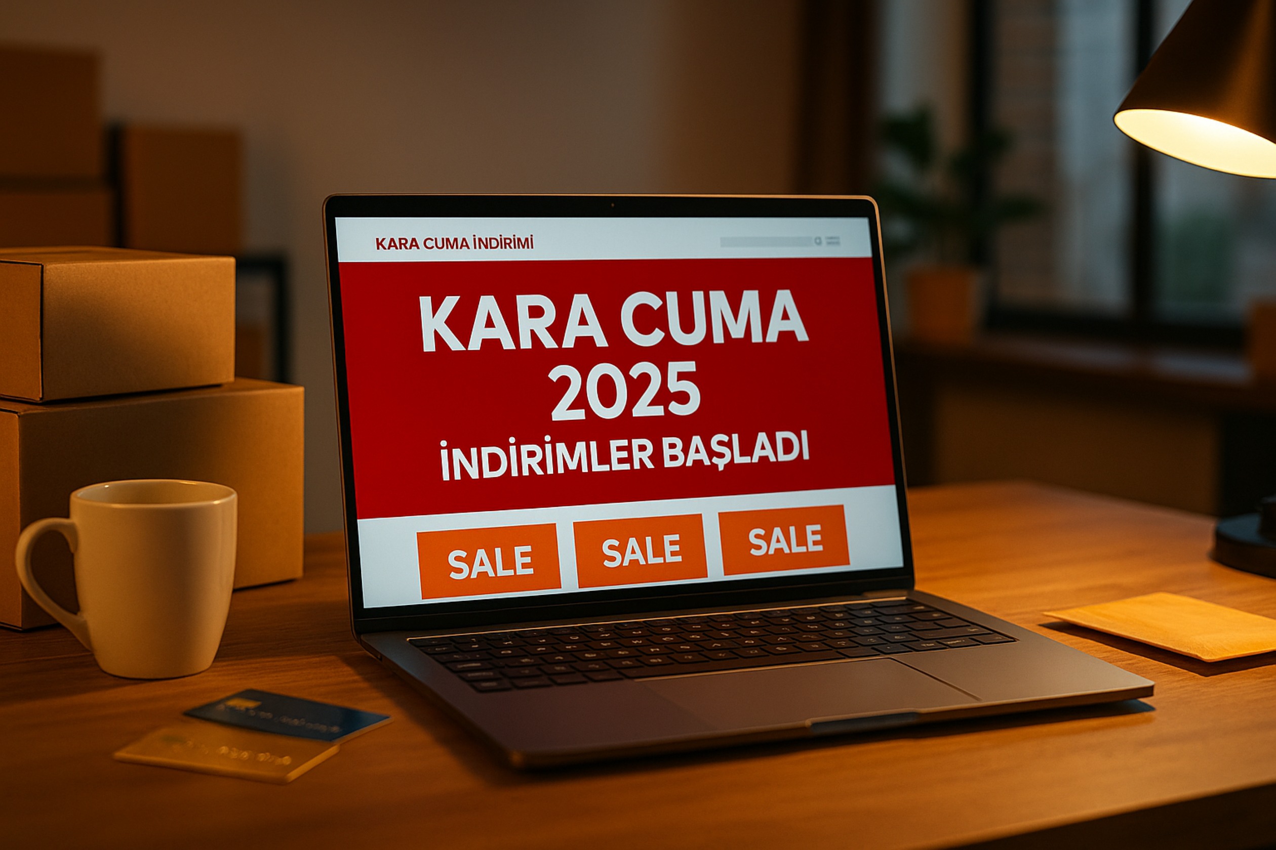 Bir masa üzerinde açık bir dizüstü bilgisayar ekranında “Kara Cuma 2025 İndirimler Başladı” yazısı görünüyor. Ekranın yanında kahve fincanı, kredi kartları ve kargo kutuları yer alıyor. Sıcak ışıklarla aydınlatılmış bu sahne, Black Friday hazırlığı yapan bir işletmeyi yansıtıyor.