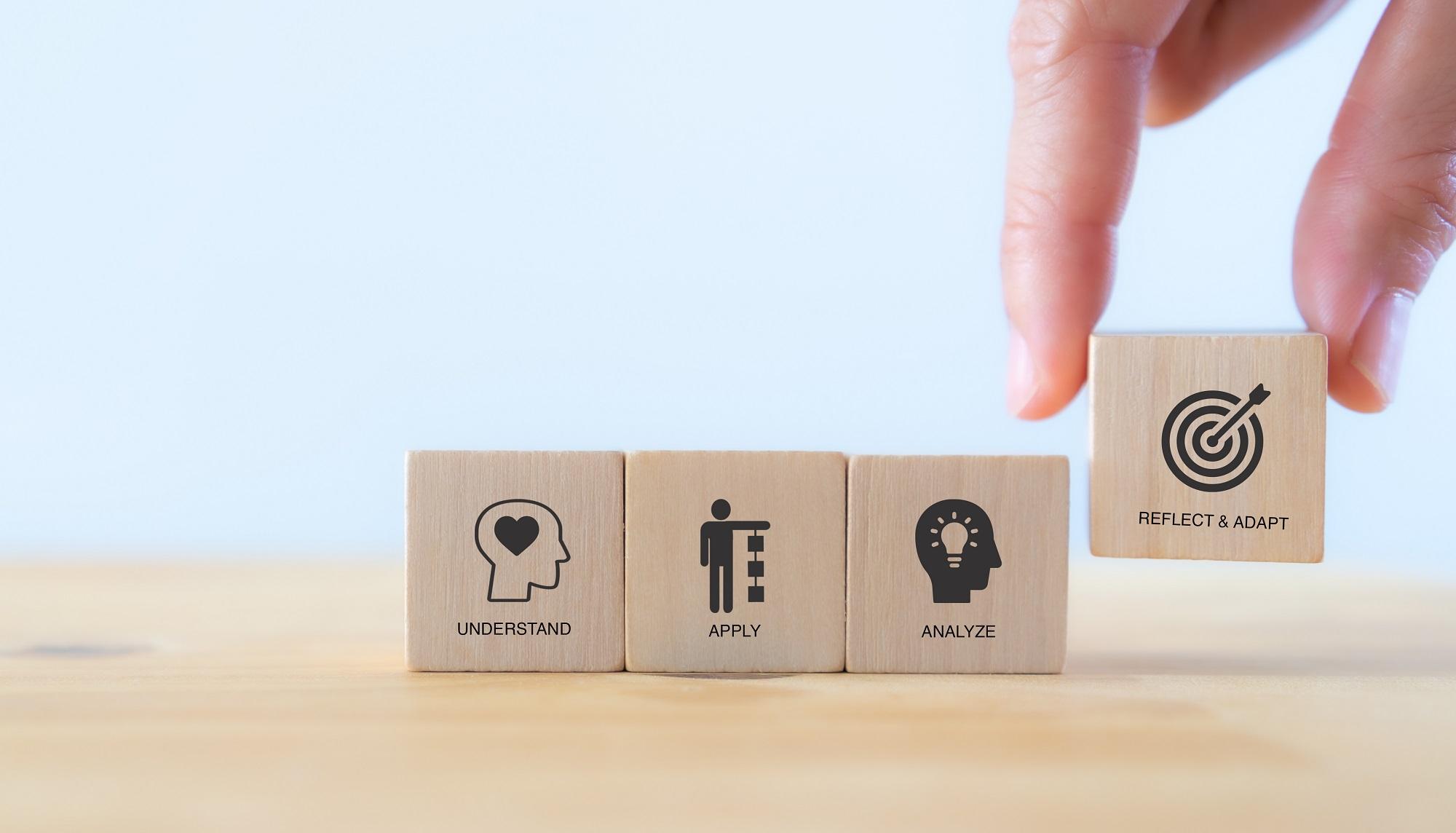 Employee essential skills concept. Learning process to develop complex skills. Hand holds the icons of essential skills ""reflect and adapt with understand, apply, analyze icons on white background.