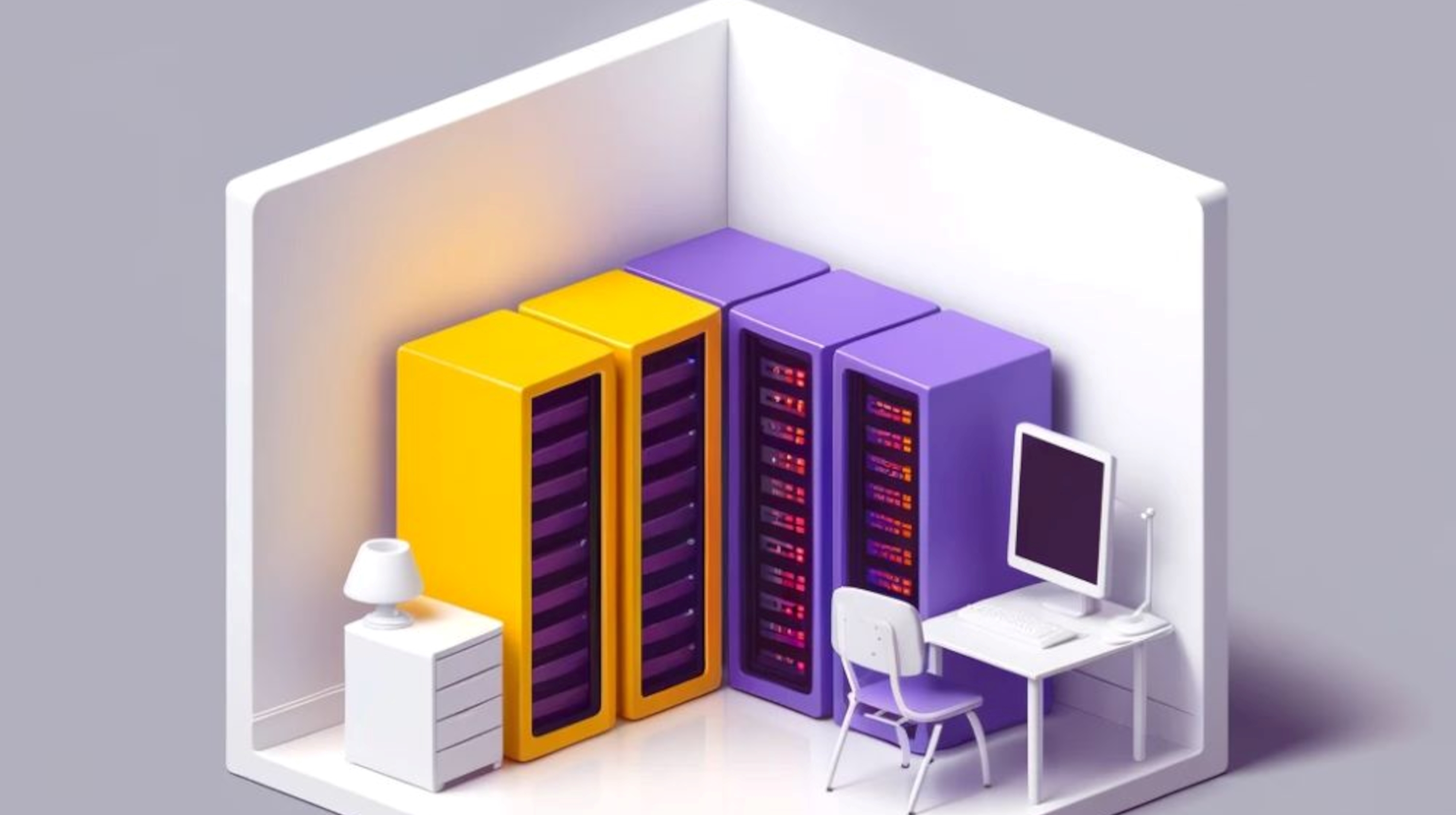 Küçük bir odada kurulmuş ofis görüntüsü ofisin yanında konmuş buyuk server ve datamakineleri