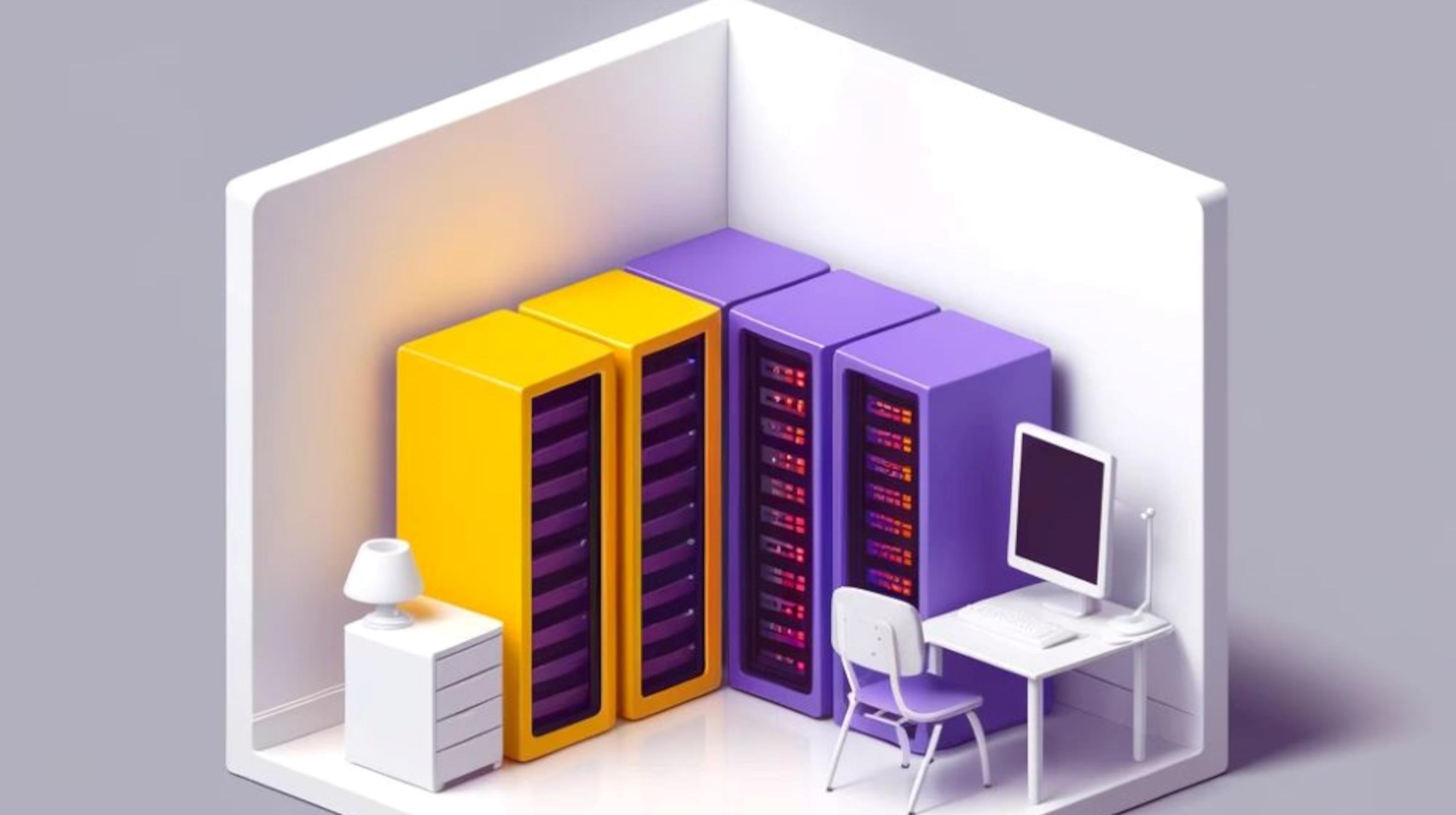 Küçük bir odada kurulmuş ofis görüntüsü ofisin yanında konmuş buyuk server ve datamakineleri