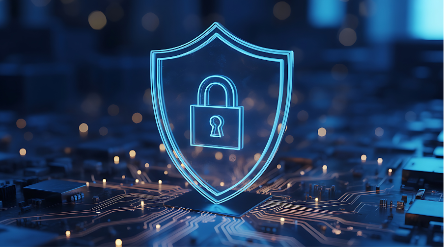 Dijital güvenliği temsil eden, içinde asma kilit bulunan mavi bir rozetin etrafını saran devreler.
