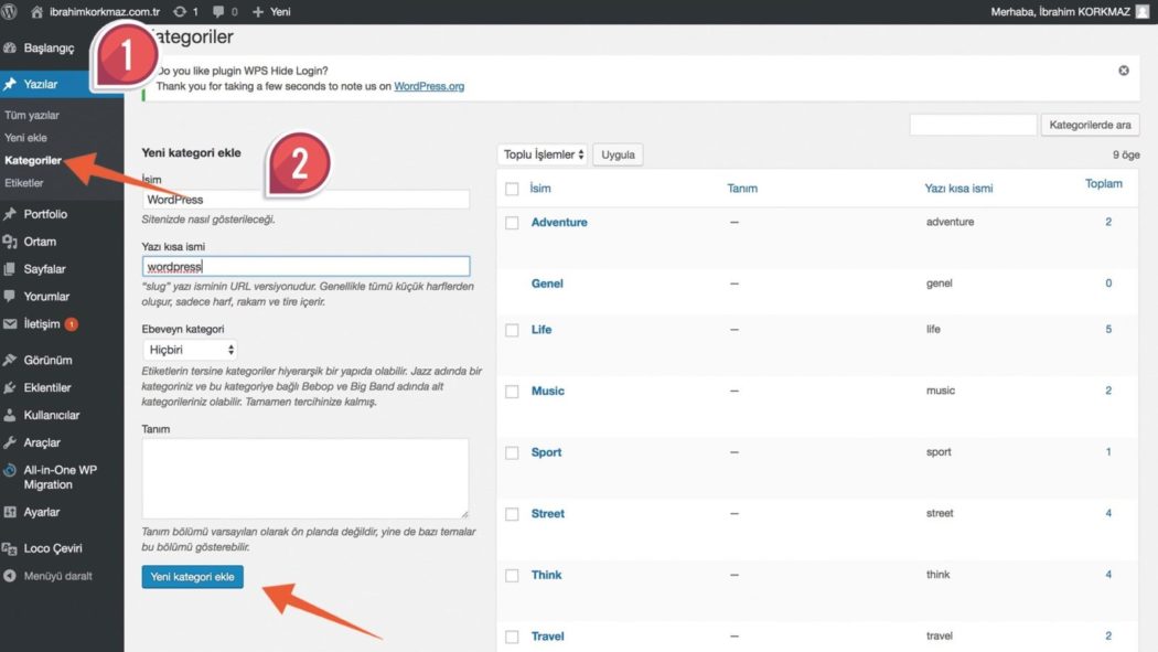 WordPress blog açma kategori oluşturma